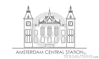 Amsterdam central station. Outline silhouette. Vector Illustration